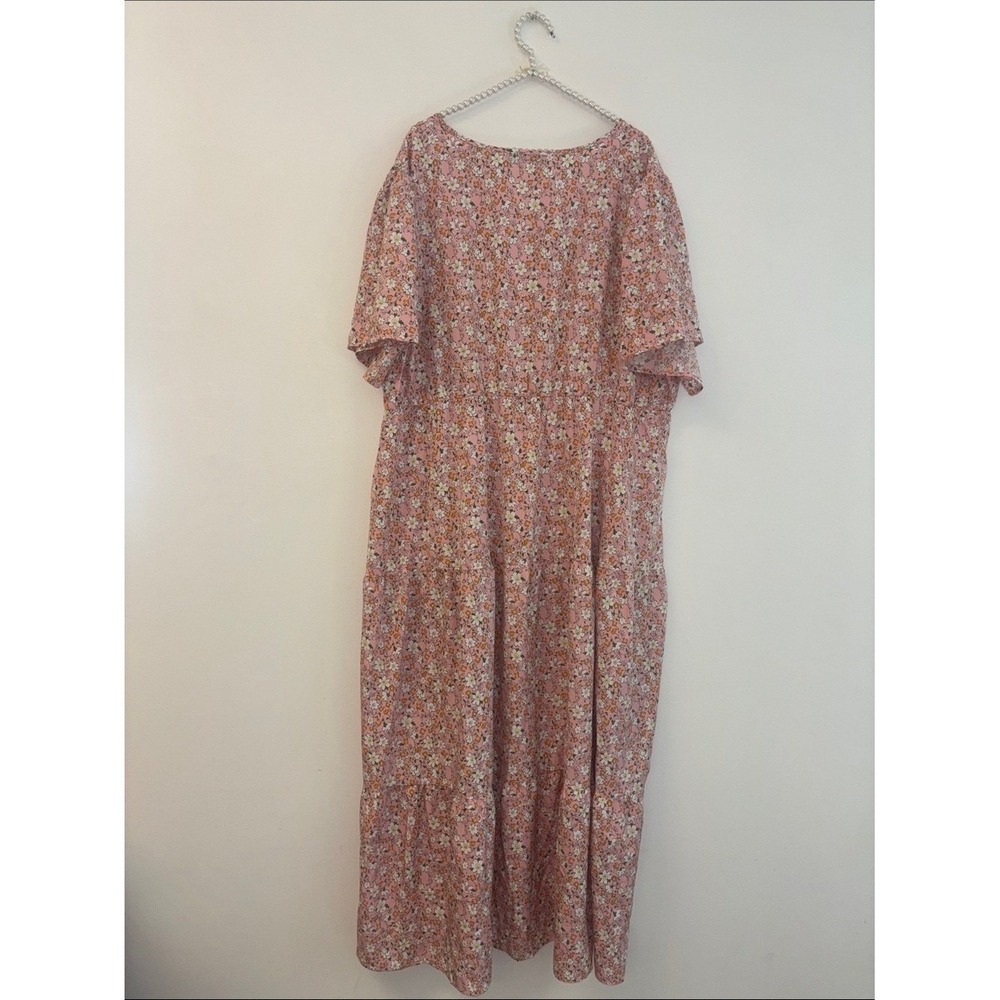 Kojooin Pink Floral Maxi Dress 4XL Plus Size Tiered Wrap V-Neck Flutter Sleeve - Picture 6 of 8